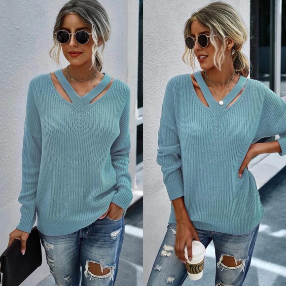 Cut Out Knit Solid Sweater- BLUE - Picture 3 of 12